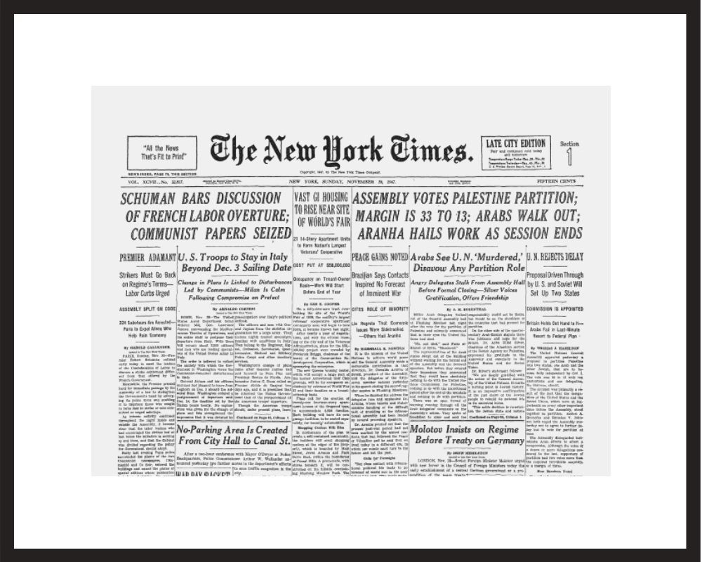 New York Times - Framed Historic Reprint - 1947 UN Partition Vote