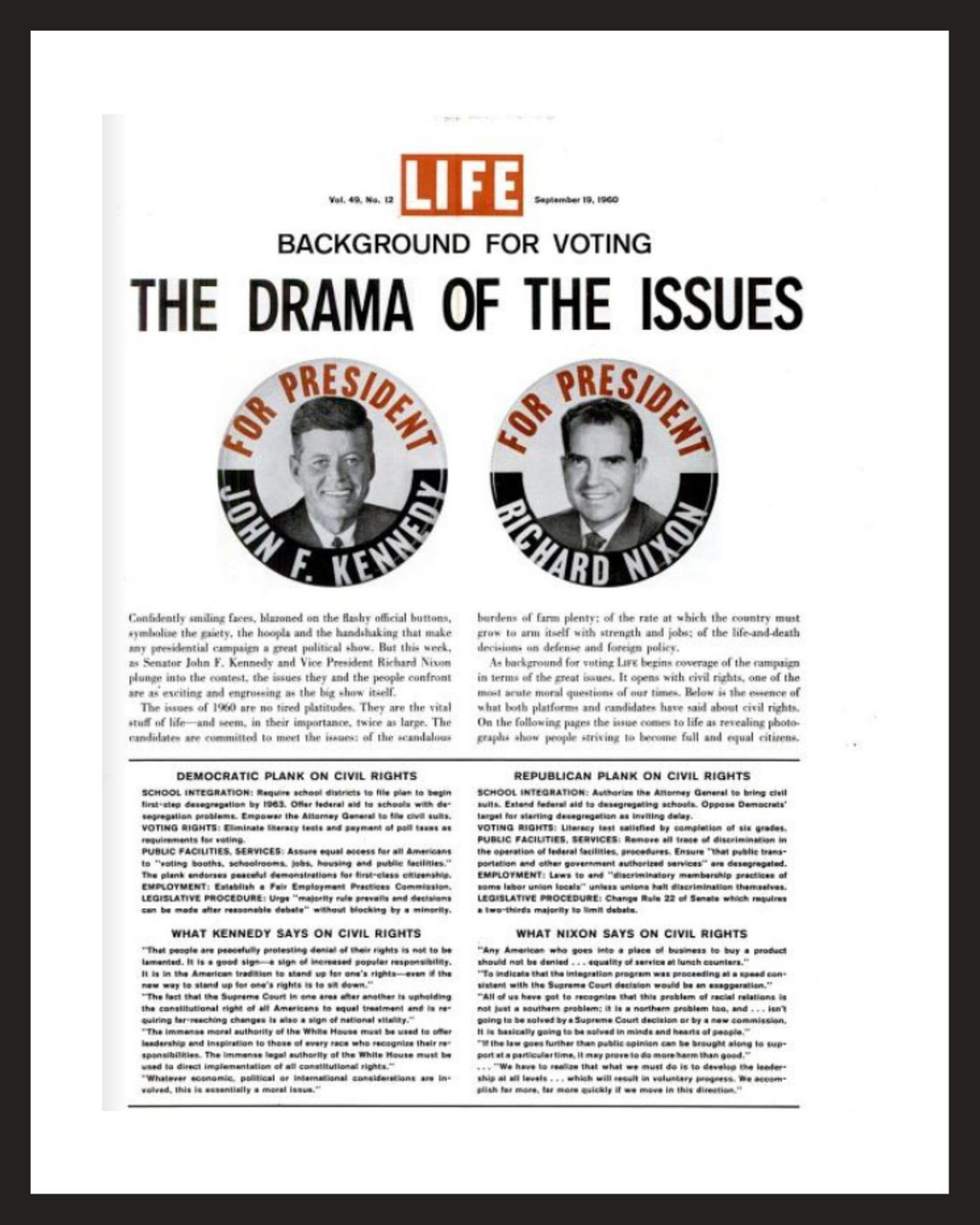LIFE Magazine - Framed Historic Page - JFK vs Nixon 1960