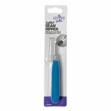 Blue lighted seam ripper in retail packaging by the Gypsy Quilter.