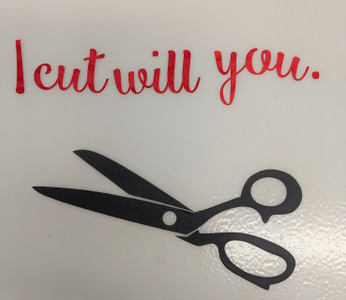 I will cut you.  Dark Gray Scissors and Red Lettering.
