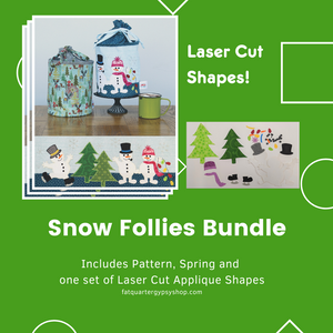 Snow Follies Bundle
Includes Pattern, one Spring and one set of laser cut applique shapes.
Tiny Black Buttons for snowman eyes and buttons included.
Does not include fabric for Body of pop up or stabilizer.