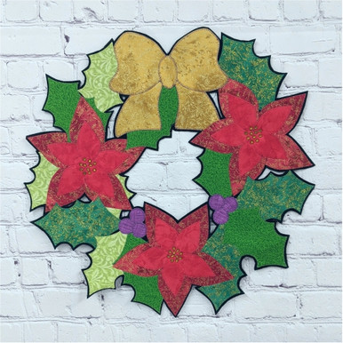 Lacy Poinsettia Wreath - Fabrics shown match kit.  Retreat From Home Project - Craft For The Holidays, 2020.
