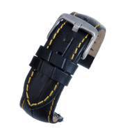 LBS 18mm Black Mock Croc Grain Padded Genuine Leather Watch Strap Band with Quick Release Spring Bar - Yellow Stitch