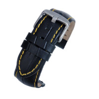 LBS 20mm Black Mock Croc Grain Padded Genuine Leather Watch Strap Band with Quick Release Spring Bar - Yellow Stitch