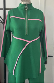 GREEN 2 PCS KNIT PANTS SUIT WITH AKA ZIPPER
