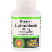 Buy Betaine HCL with Fenugreek 500 mg 180 Veggie Caps Natural Factors Online, UK Delivery, Enzymes