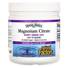 Buy Stress-Relax Magnesium Citrate Natural Berry Drink Mix 8.8 oz (250 g) Powder Natural Factors Online, UK Delivery, Mineral Supplements