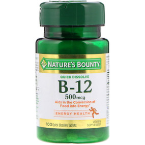 Buy B-12 Sublingual Natural Cherry Flavor 500 mcg 100 Microlozenges Nature's Bounty Online, UK Delivery, Gluten Free Vitamin B12 Cyanocobalamin