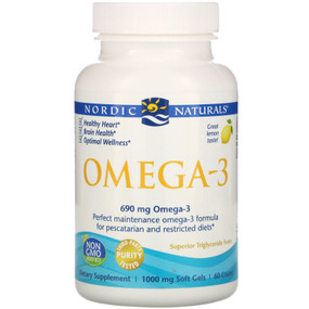 Buy Omega-3 Lemon 1000 mg 60 sGels Nordic Naturals Online, UK Delivery, EFA EPA DHA Omega 369