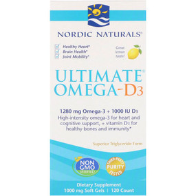Buy Ultimate Omega-D3 Lemon 1000 mg 120 sGels Nordic Naturals Online, UK Delivery, EFA Omega EPA DHA