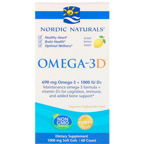 Buy Omega-3D Lemon 1000 mg 60 sGels Nordic Naturals Online, UK Delivery, EFA EPA DHA Omega 369