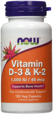 Vitamin D-3 & K-2 1000IU 120 Caps Now Foods, Bones
