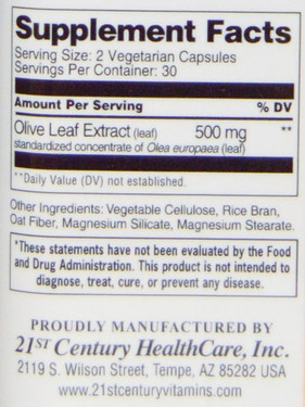 Buy Olive Leaf Extract Standardized 60 Veggie Caps 21st Century Health Online, UK Delivery, Cold Flu Remedy Relief Viral Treatment Olive Leaf Formulas Immune Support 