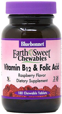 Buy EarthSweet Vitamin B-12 & Folic Acid Natural Raspberry Flavor 180 Chewable Tabs Bluebonnet Nutrition Online, UK Delivery, Vitamin B12