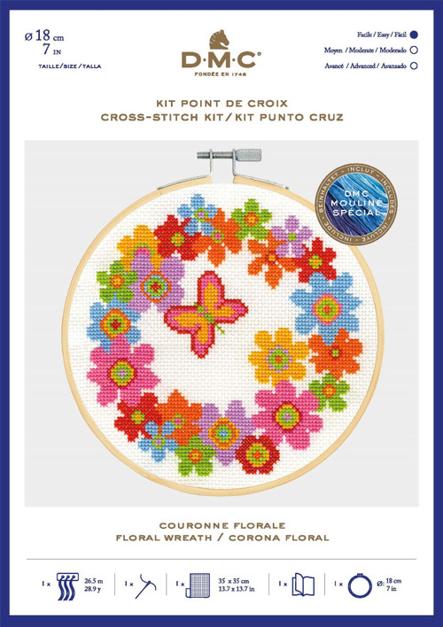 DMC Counted Cross Stitch Kit with Embroidery Hoop Floral Wreath Crafty Critters
