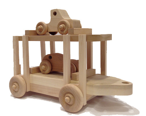 The double-decker auto carrier car transports two 4-inch cherry and maple vehicles--a sports car and a truck--to their destination. Load up your miniature collectible vehicles, too! The auto carrier car is 12" long x 4" wide. 