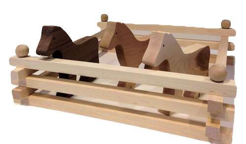 Children can assemble their own corrals or pastures with real maple fencing. Fencing pieces are 16" long and I include ten in a package, with six connecting pegs along with three wooden horses crafted from cherry, maple and walnut hardwoods. Although my fencing is compatible with the popular collectible horses, many prefer an assortment of wooden horses (naturally), crafted from different woods to create a collection of different breeds. Horses are 7" long x 6" high. 