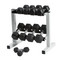 Rubber Hex Dumbbells with Contoured Handles on rack