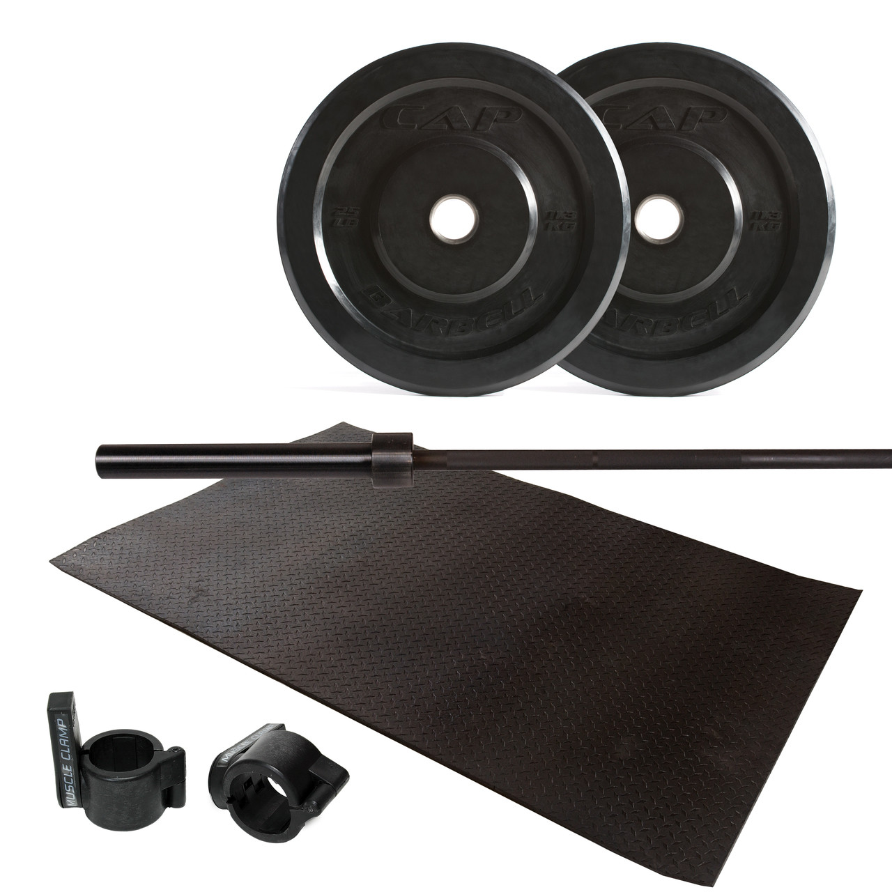 Cap Barbell 95 Lb Bumper Plate Set With Bar Muscle Clamp And