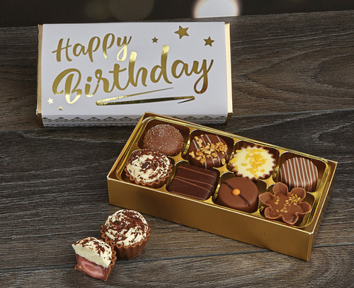 Wish someone a happy birthday by sending them a Luxury Box of 8 Belgian Chocolates from Chocolates for Chocoholics