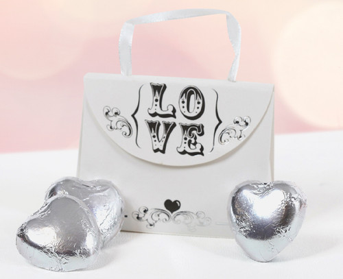 White Handbag with Love message with 3 silver milk chocolate hearts 6839