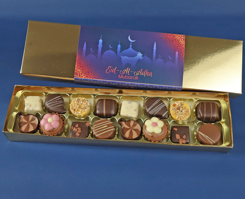 16 Luxury Chocolates In A Gold Box With An Eid Mubarak / Eid Al Adha Themed Wrapper