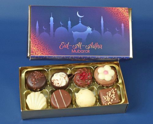 8 Luxury Chocolates In A Gold Box With An Eid Mubarak / Eid Al Adha Themed Wrapper
