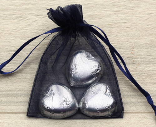Navy Blue Organza Bag with milk chocolate hearts