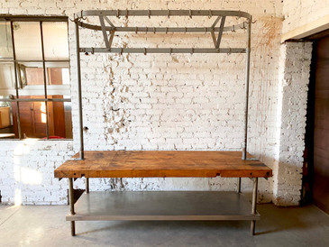 Vintage Butcher Block Industrial Work Table with Pot Rack