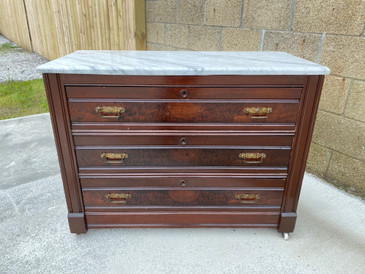 Vintage Marble Top Burl Wood Chest of Drawers  