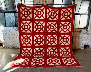 Red & Calico Geometric Handmade Quilt, c.1940