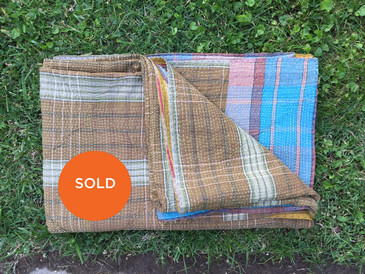Brown and Blue Plaid Kantha Blanket