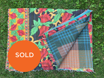 Red and Gold Garden Plaid Kantha Blanket