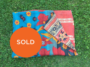 Cerulean Blue, Coral, and Black Kantha Blanket