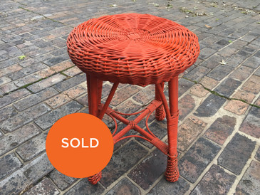Tomato Red Wicker Foot Stool, Vintage 