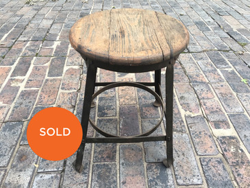 Short Industrial Stool with Wood Top, Vintage