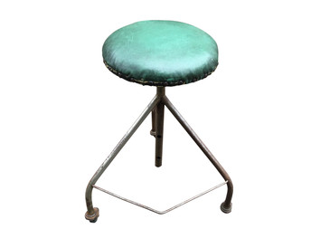 Medical Stool with Green Upholstered Seat, Antique 