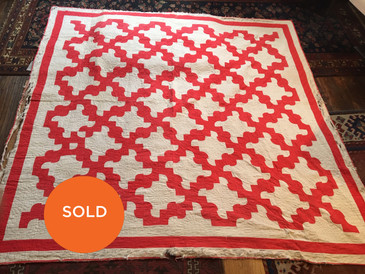 Red and White Drunkard's Path Quilt, Antique