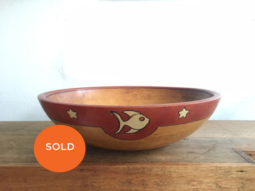 Primitive Wooden Bowl, adorned with Fish and Stars 