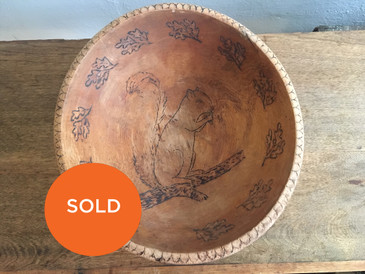 Wood Burned Wooden Bowl, Squirrel Folk Art