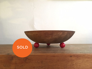 Wooden Bowl with Red Round Feet, Vintage