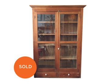 Pine Cabinet with Double Glass Doors, Antique