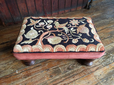 Footstool Crewelwork Embroidered Velvet, Antique