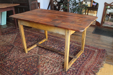 Farmhouse Pine Work Table with Yellow Stretcher Base, Antique
