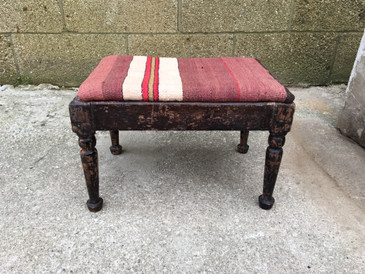 Victorian Walnut Stool with Striped Kilim, Antique