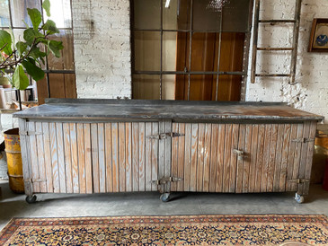 Industrial Wooden Workbench with Galvanized Top, c.1950