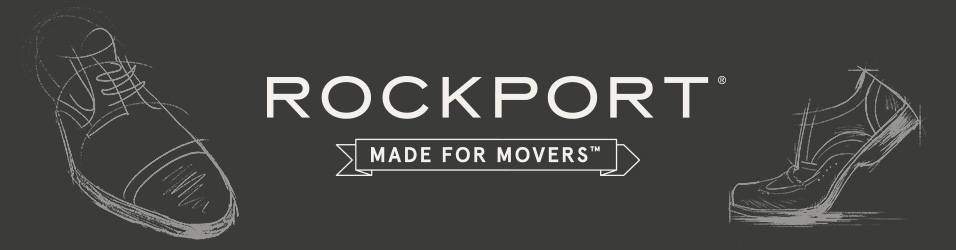 Black and white sketches of Rockport designs with the Rockport logo in the middle