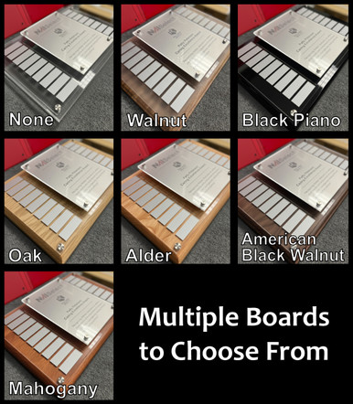 Our mixed-media perpetual wall plaque elegantly combines wood and metal. A popular choice is walnut with nickel/silver aluminum nameplates. Plates attach with removable tape, making them easy to engrave periodically. We can personalize the modern plaque with your custom graphics and arrange multiple modules to create a display that fits your organization's needs.