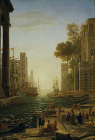 Landscape with the Embarkment of Saint Paula Romana in Ostia by Claude Lorrain Framed Print on Canvas