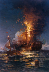 Burning of the Frigate USS Philadelphia in the Harbor of Tripoli 1897 by Edward Moran Framed Print on Canvas